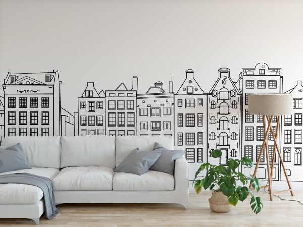 muurillustratie met skyline Amsterdam-01