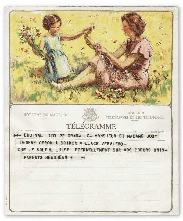 vintage kunst telegram met moeder en kind
